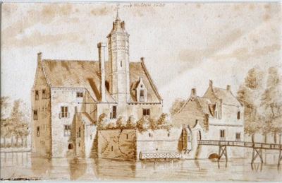 801170 Gezicht op het omgrachte kasteel Wulven te Houten, met rechts de voorburcht met het poortgebouw.